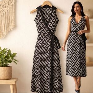 DIANE VON FURSTENBERG Black Collared Sleeveless Sweater knit Wrap Dress Large